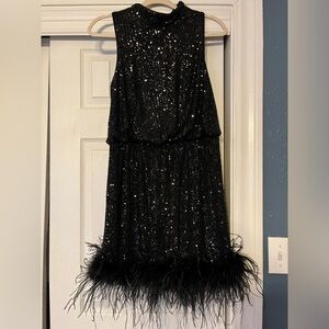 Eliza J Black Feathers and Sequins Party Dress Size 12 NWT